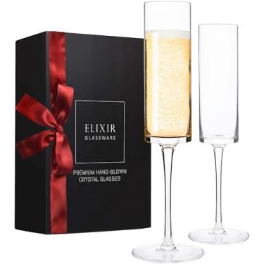 Imagem de ELIXIR GLASSWARE Taças de champanhe - 170 g - Conjunto de 2 taças de vidro de cristal, taças de champanhe com borda soprada à mão - taças de champanhe de cristal premium - presentes de casamento para