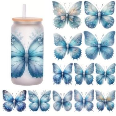 Imagem de 5 peças Borboleta Azul UV DTF Cup Wraps Inverno UV DTF Transferência Adesivo Impermeável para Copos de Vidro Mobiliário Artesanato DIY Artesanato, Adesivos de Transferência para DIY Garrafa de Água