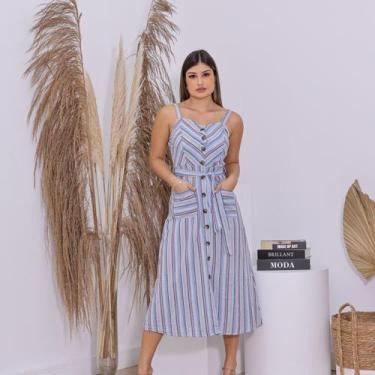 Imagem de Vestido Feminino Midi Listrado em Sarja com Botões Frontais Bolsos e F