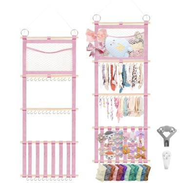 Imagem de Munzong Suporte de faixa de cabeça 132 x 43 cm, organizador de laço de cabelo para meninas, organizadores de faixa de parede rosa com rede de armazenamento, acessórios de cabelo para decoração de