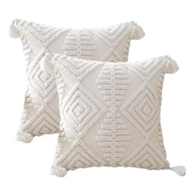 Imagem de Andreannie Pacote com 2 capas de almofada Boho Tufting bordadas texturizadas com borlas macias para decoração de casa para sofá 45,7 x 45,7 cm (Boho White)
