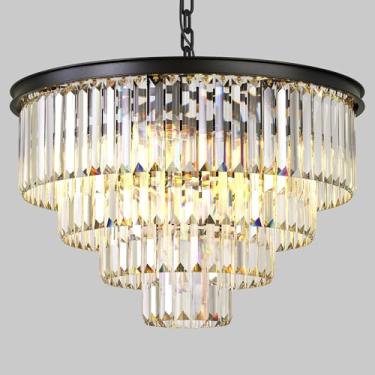 Imagem de LHKVDT Lustre Moderno De Cristal Preto, Luminária Pendente De Teto Redonda De 4 Níveis Com Altura Ajustável, Lustre De Luxo Para Sala De Jantar, Sala De Estar, Hall De Entrada, Quarto, Cozinha E Hal