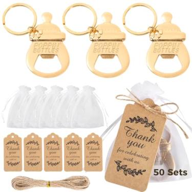 Imagem de Abridores de garrafas de chuveiro Popping Favors for Guests 50 conjuntos - Chaveiro abridor de mamadeiras de chupeta com bolsa de organza e etiqueta de agradecimento