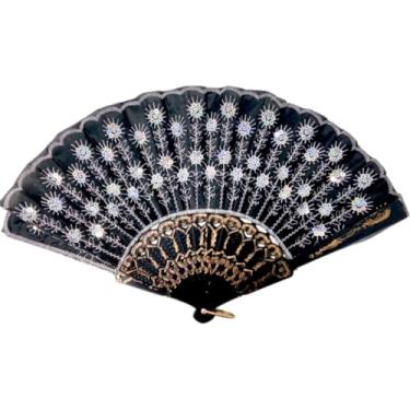 Imagem de Leque Tecido Lantejoula Brilhante Varias Estampas Madeira Escuro Oriental Japonês Gueixa(Prata)