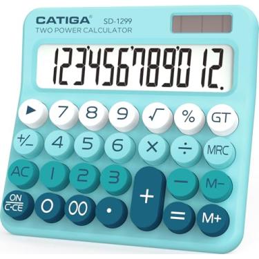 Imagem de CATIGA Calculadora de interruptor mecânico com energia solar e bateria dupla, visor LCD grande de 12 dígitos, calculadora de mesa estética e fofa com botão grande, para uso em casa, escola e