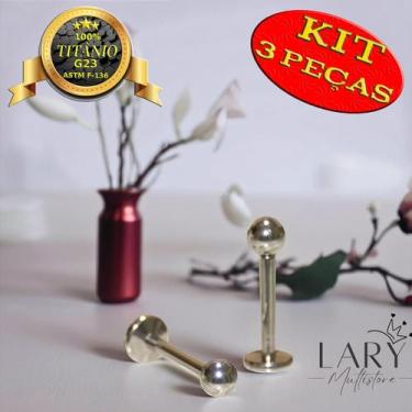 Imagem de Kit 3 Piercing Titânio Bolinha 3mm Labret Push Pin, Helix, Conch, Trag
