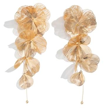 Imagem de Brincos de flor dourados, brincos de borla de folha de ginkgo biloba, brincos grandes de metal, brincos boêmios, pétalas em camadas, joia floral para mulheres, Large, Zinco, Liga metálica.