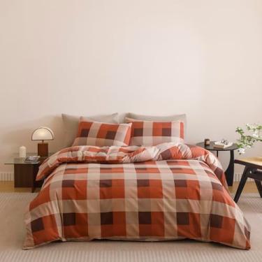 Imagem de Pureant Conjunto de edredom xadrez vermelho, tamanho casal, cinza-acastanhado e laranja, moderno, minimalista, quadriculado, cobertores, lençol feminino e masculino, bege, macio, luxuoso, marrom