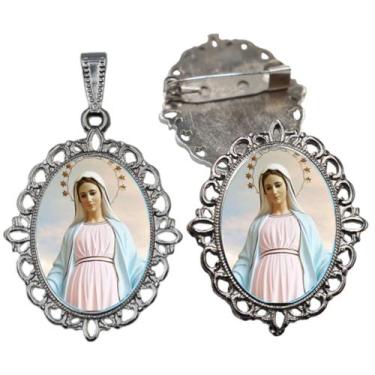 Imagem de Broche com Relicario Cor Prata Rainha da Paz Terno Noivo lapela Qualid