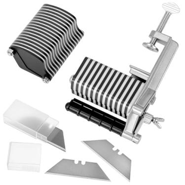 Imagem de QWORK Cortador de renda de mesa de couro – franja manual, cintos de trança e ferramenta de corte de cadarços com 5 cortadores substituíveis