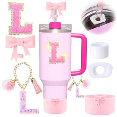 Imagem de 6 peças de acessórios rosa para copo Stanley, decorações para copo de 30/1,134 g com alça, inclui tampa e bota de cobertura de palha de laço, pingente de iniciais, adesivo de letra, tampa à prova de