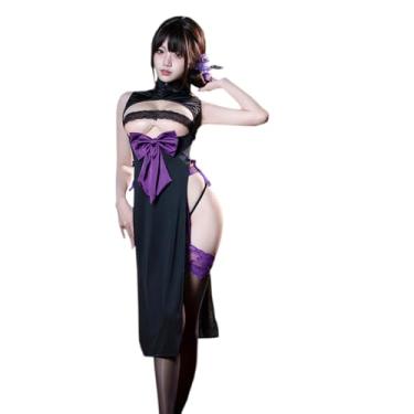 Imagem de SENJIY Vestido sexy chinês Cheongsam cosplay para mulheres, roupa de lingerie, fantasia longa, estilo Qipao, anime, cosplay, dramatização, fenda alta, costas nuas, camisola, babydoll, tanga, festa