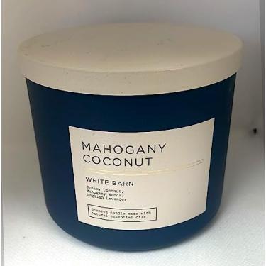 Imagem de Bath and Body Works, vela branca de 3 pavios com óleos essenciais - 411 g - (coco mogno), arte de etiqueta varia