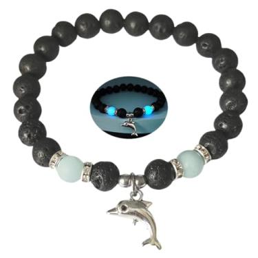 Imagem de LXSSLY Pulseiras femininas de pedra vulcânica natural de 8 mm, pulseiras luminosas de tartaruga oceânica, pulseira brilhante de pedra vulcânica, pulseira de proteção com contas elásticas elásticas