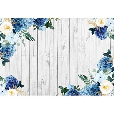 Imagem de Yeele Pano de fundo de madeira branca de 2,1 x 1,5 m, rústica, branco, azul, floral, hortênsias, camélia, textura de madeira, fundo fotográfico para aniversário, casamento, chá de bebê, sessão de
