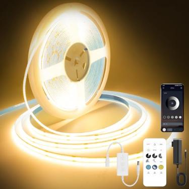Imagem de Pandery Fita de LED COB branca quente, kit de fita de luz LED regulável de 24 V com controle remoto e aplicativo, 2700 K 24 pés/7,5 m 8 mm de largura Ra> 90 fitas flexíveis cortáveis para quarto