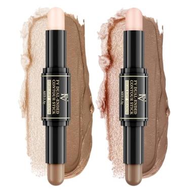 Imagem de FV Bastão de contorno e iluminador de ponta dupla - pacote com 2, impermeável, de longa duração, fórmula cremosa e misturável, bastão de escultura de acabamento natural para rosto e corpo, tons: 02