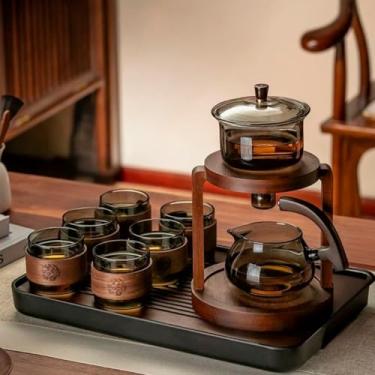 Imagem de Jogo de Chá e Café Estilo Japonês Luxo, com 6 Copos de 150ml, Jarra de Vidro Borossilicato com Base em Madeira, Bandeja de Bambu com Suporte de Inox para Copo