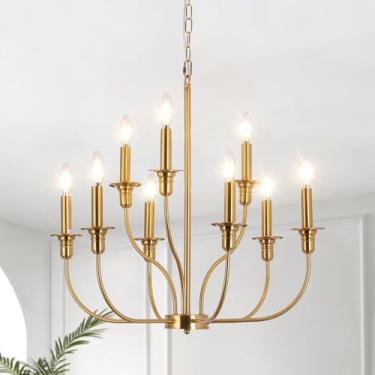 Imagem de JZQWCK Lustre dourado, 2 níveis 9 luzes lustre moderno de casa de fazenda para sala de jantar, luminária pendente de vela para pendurar no teto para sala de estar, cozinha, entrada, quarto