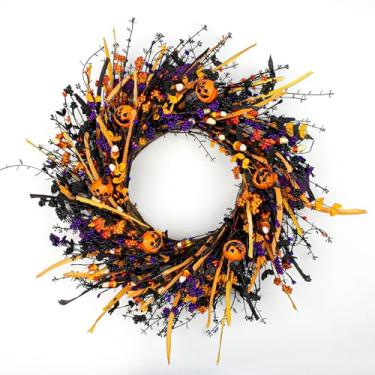 Imagem de J'FLORU Guirlanda preta de Halloween artificial de 55 cm para porta da frente, guirlanda preta com cabeças de abóbora, doces e frutas silvestres para festa, varanda, fazenda, ambientes internos e