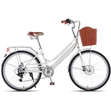 Imagem de Bicicleta Urbana De 24/26 Polegadas, Bicicleta Beach Cruiser De 7 Velocidades, Estrutura De Aço Carbono, Cesta Dianteira E Porta-bagagens Traseiro, D, 24inch