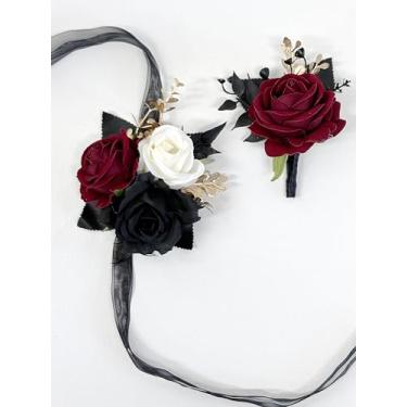 Imagem de DESUNESS Conjunto de flores de casamento com corpete rosa e flor na lapela para homens (preto e bordô)