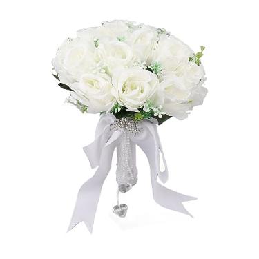 Imagem de Buquê de casamento Buquê de buquê de noiva de buquê de noiva Flores artificiais Buquê de cristal de pérola para fotografia de casamento Acessórios para festas de noiva brancas