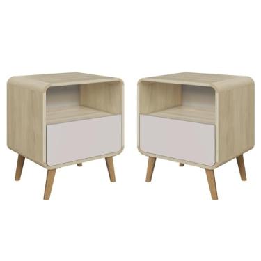 Imagem de Kit Conjunto 02 Mesas de Cabeceira Canto Curvo com Nicho 01 Gaveta e Pés Palito Retrô