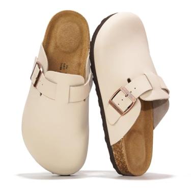 Imagem de Project Cloud Tamancos femininos de couro genuíno - Pantufas femininas com suporte de arco de espuma viscoelástica - Sandálias femininas modernas sem cadarço (Benton), Off-white, 36