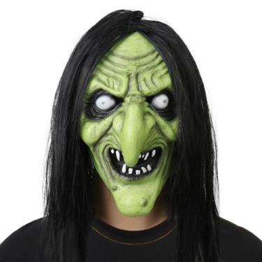 Imagem de HOTTERCOS Halloween Scary Green Witch Mask Realistic Old Lady Evil Mask with Hair Dressing Up Party