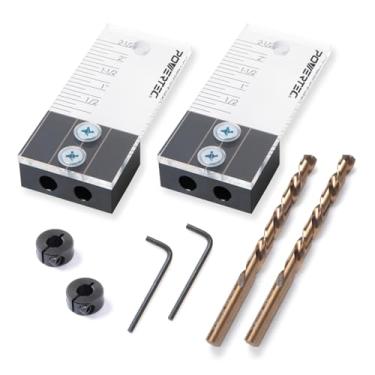 Imagem de POWERTEC Gabarito de perfuração de cavilha 71716-P2 com marca de testemunha de corte a laser, escala de profundidade incluída, broca de cobalto M-35 e colar de parada de anel dividido, 9,5 cm, 2