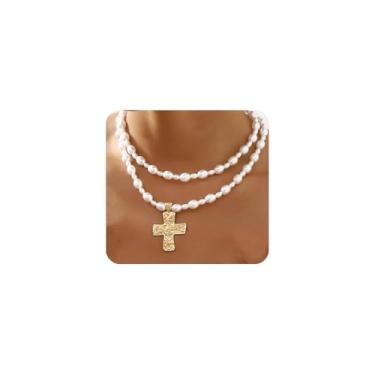 Imagem de Colar de cruz de pérola grossa para mulheres, colar com pingente de crucifixo grande, colar em camadas de ouro, conjunto de colar cristão simples, joia católica, Large, Metal, Sem Pedra Preciosa
