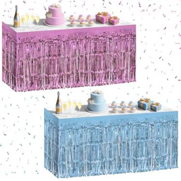 Imagem de Pacote com 2 saias de mesa rosa claro azul claro, 73,7 x 274,3 cm, saia de mesa com franja metálica de 73,7 x 274 cm para mesas retangulares, decorações de festa para aniversários, casamentos