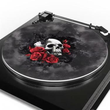 Imagem de ZUXONGSY Tapete giratório de caveira gótica reduz o ruído, tapete giratório de feltro de rosas para DJ, para arranhar, amaciar toca-discos para discos de vinil, presente para amantes de música