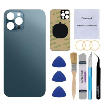 Imagem de Perzework Substituição de vidro traseiro OEM para iPhone 12 Pro de 6,1 polegadas com kit de ferramentas de reparo e adesivo pré-instalado (azul pacífico)