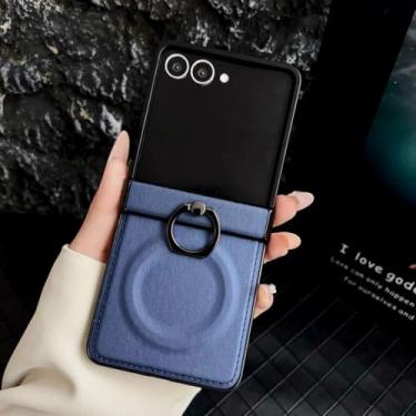 Imagem de Capa para Galaxy Z Flip5 de couro macio com anel de metal fosco, estrutura completa, carregamento sem fio, capa protetora antiderrapante (para Galaxy Z Flip5/Azul)