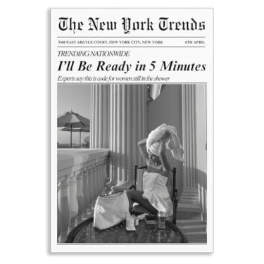 Imagem de Arte de parede em tela de jornal, citação engraçada I'll Be Ready In 5 Minutes Aesthetic, decoração de parede de banheiro feminino preto e branco, vintage, elegante, glamourosa, dormitório, 20 x 30 cm