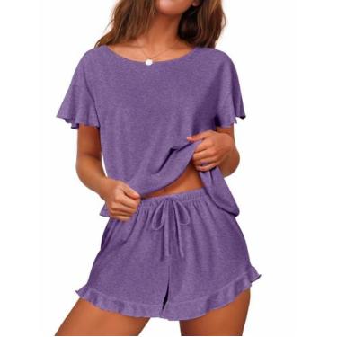 Imagem de Conjunto de pijamas femininos Ekouaer com mangas com babados e roxo cu