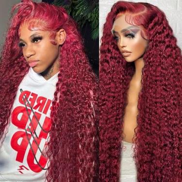 Imagem de QWedafy Peruca Borgonha Cabelo Humano 99j Borgonha 13x6 HD Transparente Onda Profunda Lace Front Perucas Cabelo Humano Densidade 180 Pré-Arrancado Vermelho Virgem Brasileiro Cabelo Humano Para