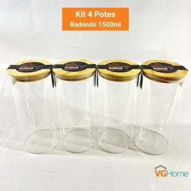 Imagem de Kit 4 Potes De Vidro Hermético Redondo Tampa De Bambu 1500ml - VGHome