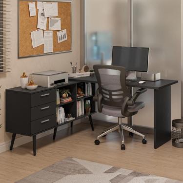 Imagem de Mesa De Escritório Em L 3 Gavetas Preto Lisboa Madesa