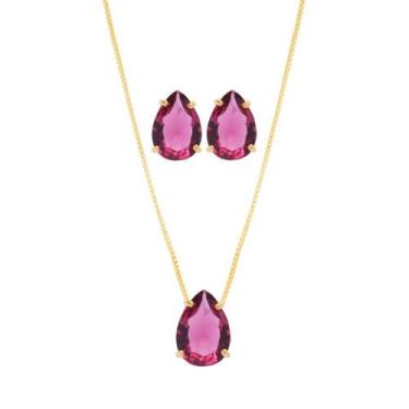 Imagem de Conjunto Colar E Brinco Gota Pedra Pink Folheado - Milena Joias