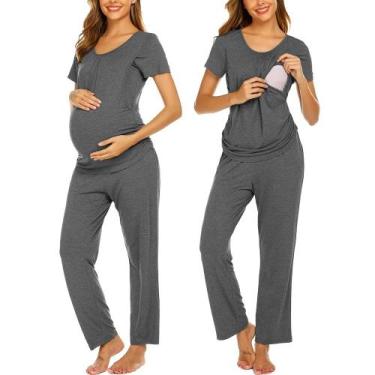 Imagem de Conjunto de pijamas de amamentação para maternidade Ekouaer Grey XXL