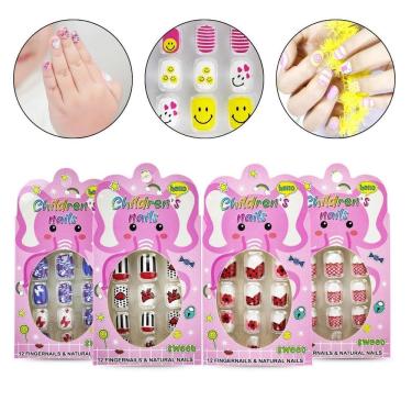 Imagem de Kit 48 Unhas Postiças Infantil Colorida Autocolante Criança