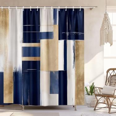 Imagem de Cortina de chuveiro abstrata azul e dourada, conjunto de cortina de chuveiro estética moderna boêmio, bege creme marrom pintura a óleo arte neutra para tecido de banheiro com 12 peças, 182 x 182 cm