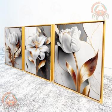 Imagem de Trio Quadro Decorativo Tulipa Branca e Dourada Elegância em Tela Acetinada, pronto para pendurar (80x110cm (total 240x110cm), moldura dourada)