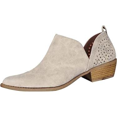 Imagem de Botas de cano curto femininas bico redondo sem cadarço corte V botas curtas cor sólida botas de salto baixo grosso botas de couro, Bege, 41 BR