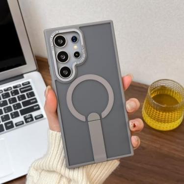 Imagem de YOGISU Capa de celular luxuosa com suporte de metal e carregador sem fio magnético para S24 Plus (para S24 Plus/cinza)