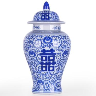 Imagem de Jarra de gengibre azul e branco com tampa, pote de gengibre de porcelana estilo antigo chinoiserie vaso de flores duplo de felicidade decorativo para casa