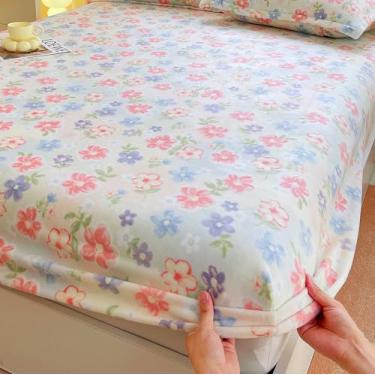 Imagem de J-pinno Jogo de lençol com elástico floral, rosa, verde, roxo, 2 peças: 1 lençol com elástico e 1 fronha (flor, solteiro)